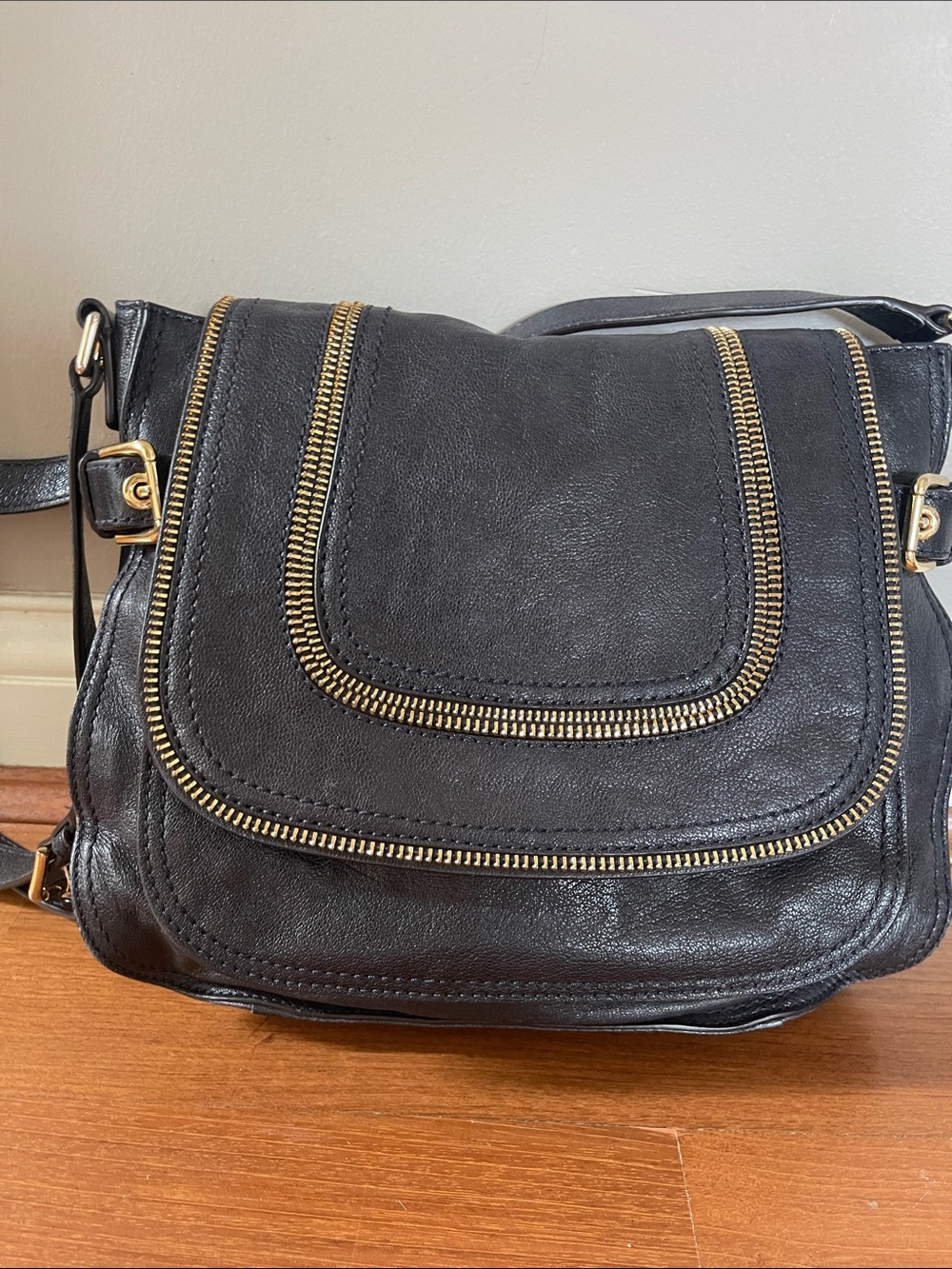 Michael Kors Navy Leather Crossbody with Gold Zippers